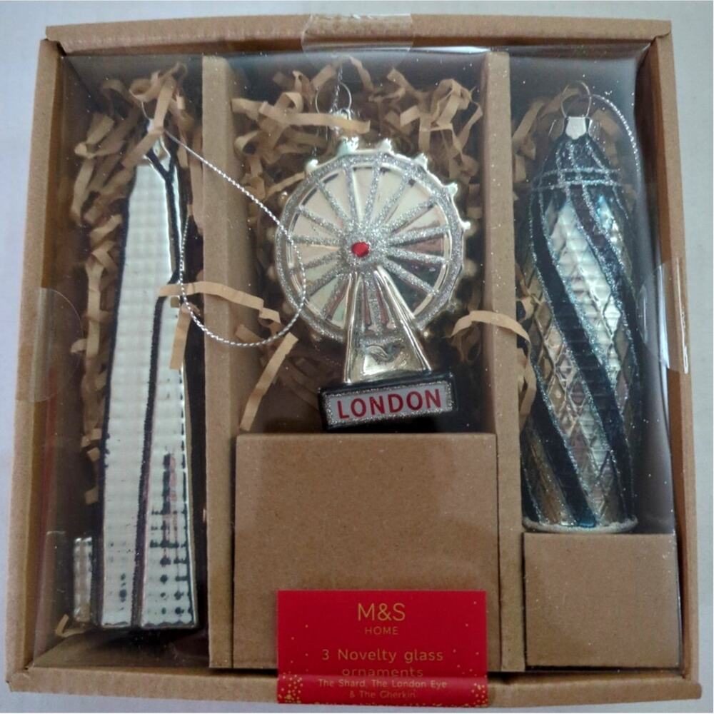 Marks and Spencer M&S Set 3 London Glass Ornaments Shard, Gherkin & London Eye